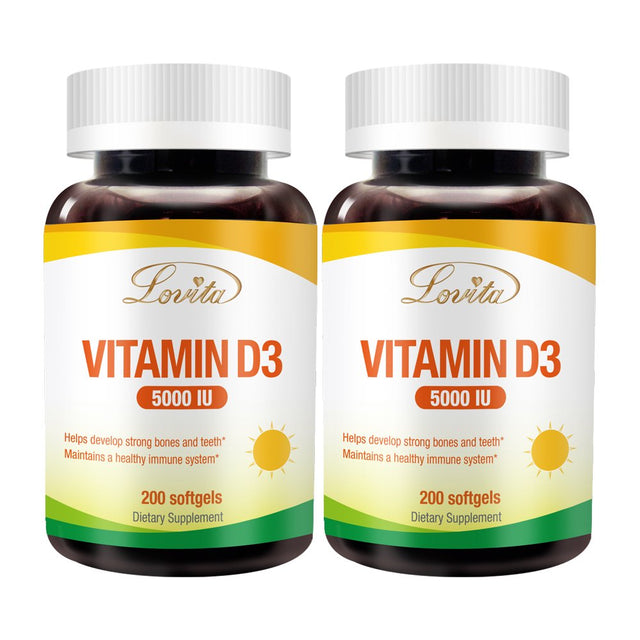 Lovita Vitamin D3 5000 IU to Boost Immune Support, Help Calcium Absorption, Support Healthy Teeth, Bone & Brain Development, 200 Softgel of Vitamin D3 Supplements for 200 Days Supply (Pack of 2)