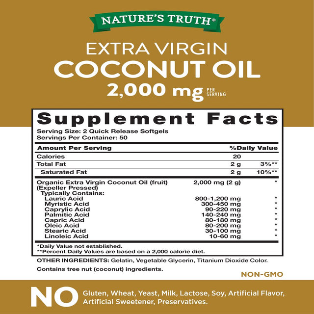 Coconut Oil Capsules 2000 Mg | 100 Softgels | Naturally Occuring Mcts | Non-Gmo & Gluten Free | by Nature'S Truth