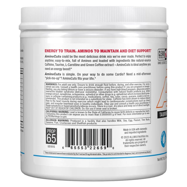 ALLMAX A:CUTS Amino-Charged Energy Drink, Blue Raspberry - 210 G - with Caffeine, Green Coffee Extract, L-Carnitine & 2000 Mg of Taurine - Sugar & Gluten Free - 30 Servings