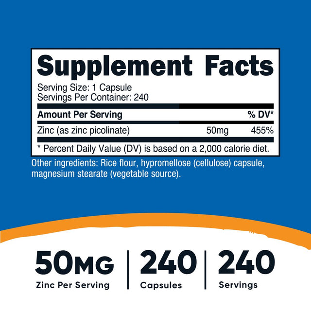 Nutricost Zinc Picolinate 50Mg (240 Vegetarian Capsules) - Gluten Free & Non-Gmo Supplement