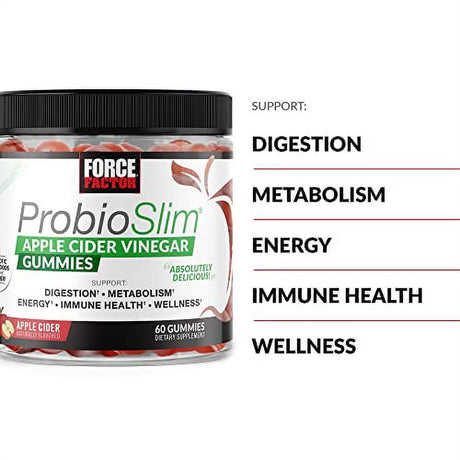 Probioslim Apple Cider Vinegar Gummies with Organic Apple Cider Vinegar and Lactospore Probiotics and Prebiotics to Support Digestion, Metabolism, and Immune Health, Force Factor, 60 Gummies