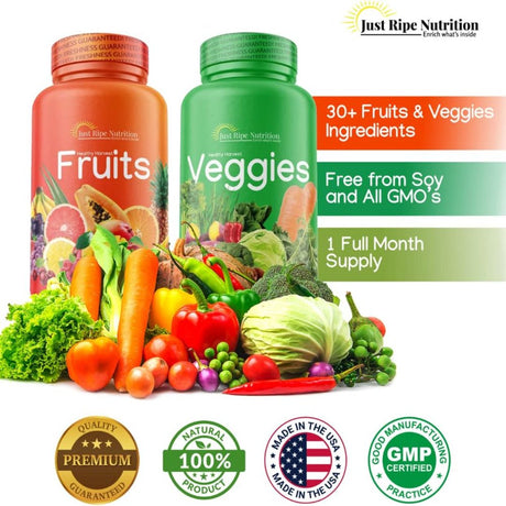 Just Ripe Nutrition Fruits and Veggies Supplement - 90 Fruit and 90 Vegetable Capsules - 100% Whole Natural Superfood - Filled with Vitamins and Minerals - Supports Energy Levels (4 Pack)