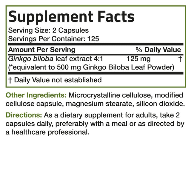 Bronson Ginkgo Biloba 500 Mg Extra Strength 500 Mg per Serving - Supports Brain Function & Memory Support, 250 Vegetarian Capsules