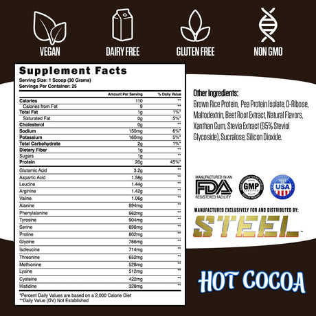 Steel Supplements Veg-Pro | Vegan Protein Powder, Hot Cocoa | 25 Servings (1.65Lbs) | Organic Protein Powder with BCAA Amino Acid | Gluten Free | Non Dairy | Low Carb Formula