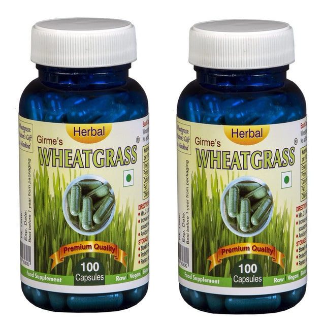 Girme'S Wheatgrass 100 Capsules - (Pack of 2) | India Organic - Jaivik Bharat Certified | Natural Health Supplement | Immunity Booster, Detox | Export Quality