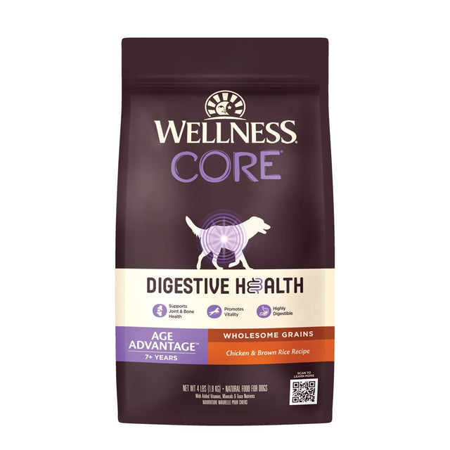 Wellness CORE Digestive Health Senior Dry Dog Food with Grains, 4 Pound Bag, Age Advantage 7+ Years Old, Chicken Dog Food, Sensitive Stomach