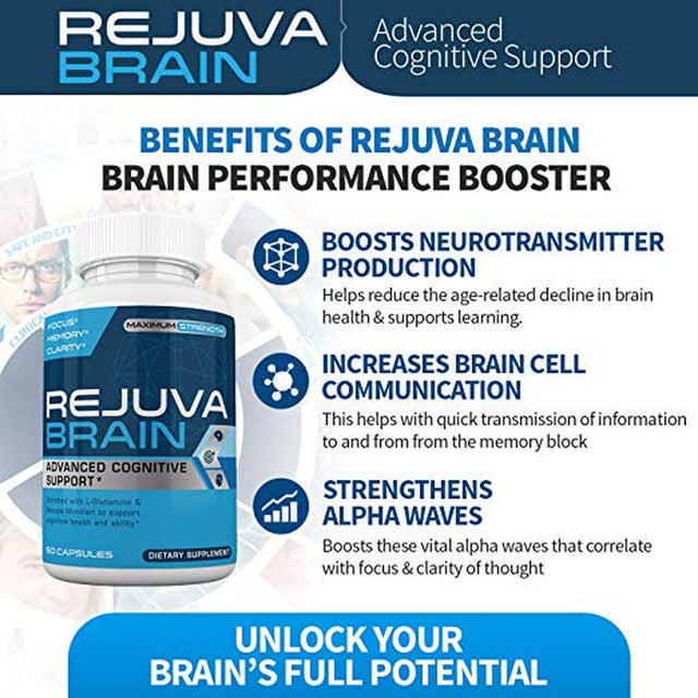 Rejuva Brain - Advanced Cognitive Support - Enriched W/ L-Glutamine & Bacopa Monnieri to Support Cognitive Health and Ability - 60 Capsules