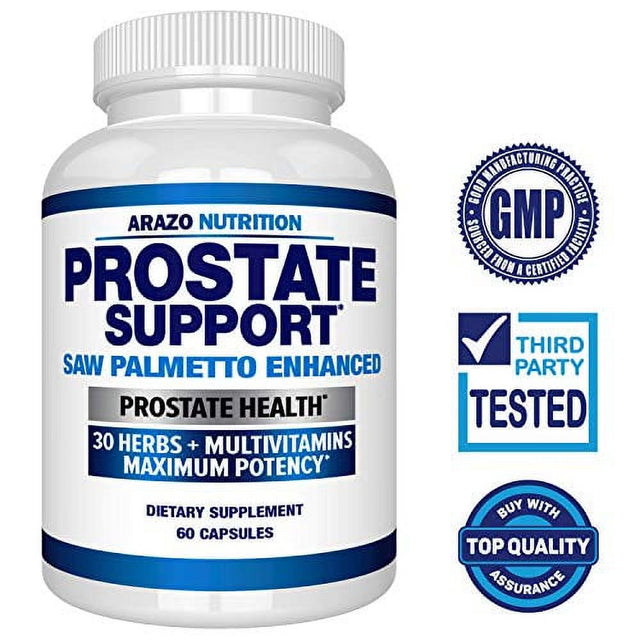 Arazo Nutrition Prostate Supplement - Saw Palmetto + 30 Herbs - Reduce Frequent Urination, Reduce Hair Loss, Support Stamina – Single Homeopathic Herbal Extract Health Supplements - 60 Capsules