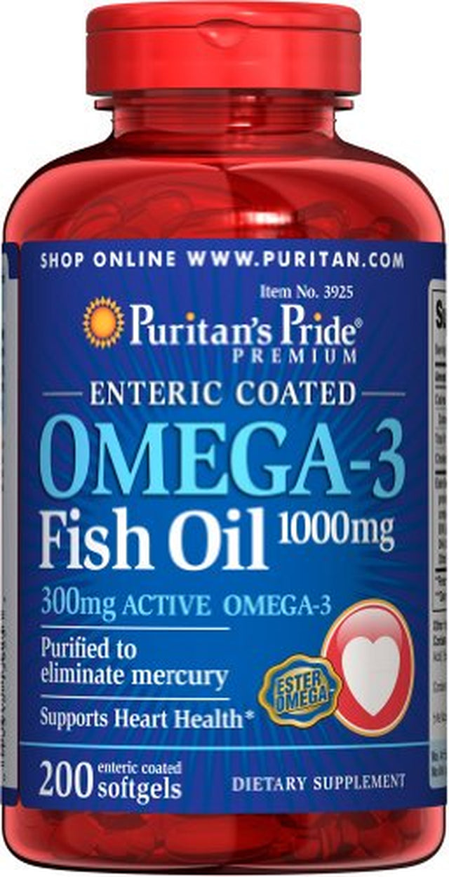 Puritan'S Pride Omega 3 Fish Oil 1000Mg (300 Mg Active Omega-3) 200 Coated Softgels