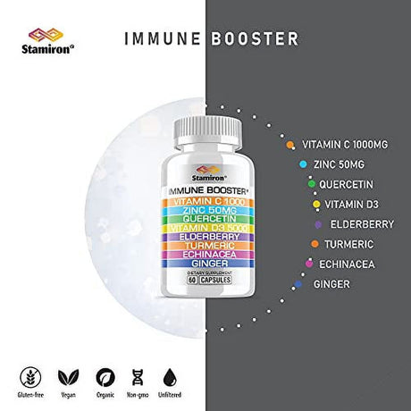 Immune System Support Booster Supplement 8 in 1 with Zinc 50Mg Quercetin Vitamin C Vitamin D3 5000 IU Elderberry Turmeric - Immunity Defense Blend Vegetarian Gluten-Free and Vegan Friendly - 60 Ct