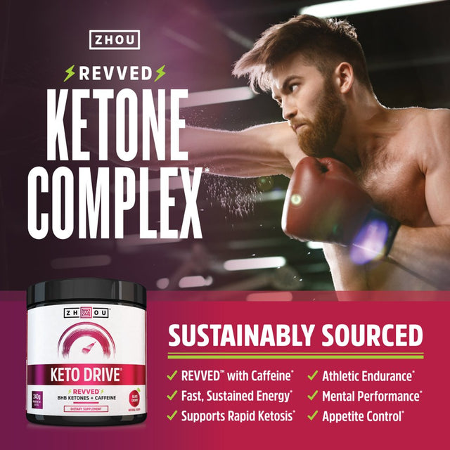 Zhou Keto Drive with BHB Ketones + Caffeine | Patented Beta-Hydroxybutyrates & Electrolytes | Black Cherry REVVED | 16 Servings, 240 Grams