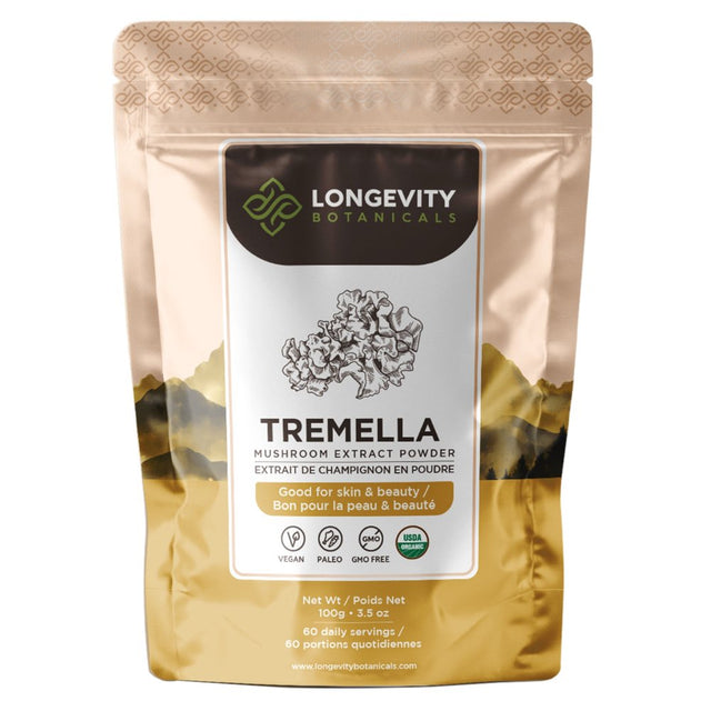 Longevity Botanicals Organic Tremella Mushroom Supplement Powder (3.5 Oz/100 Grams), Glowing Skin