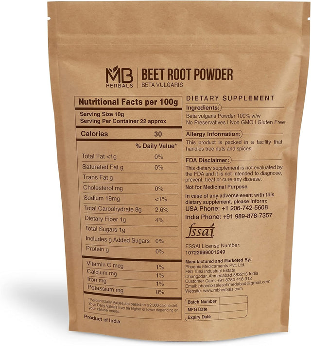 MB Herbals Beet Root Powder 8 Oz (227 Gram / 0.5 LB) | for Smoothies & Baking | Superfood Nitric Oxide Supplement | Gluten Free | Non GMO