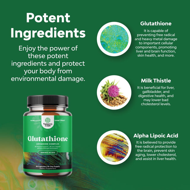 Glutathione Amino Acid Nutritional Supplement - Pure Glutathione Supplements for Liver Support - L Glutathione Pills with Glutamic Acid and Milk Thistle Seed Extract for Skin Care and Immune Support