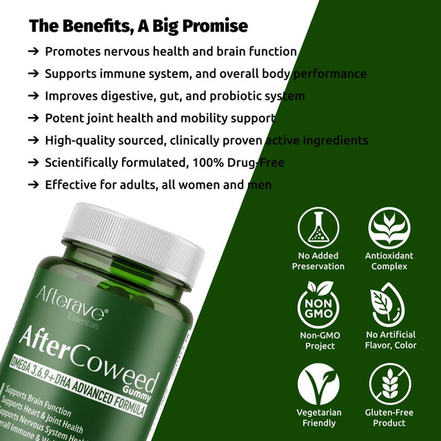 Aftercoweed, Omega 3,6,9, DHA Gummy Premium Nervous Health & Brain Function Formula, Improves Digestive, Gut & Probiotic System, Overall Body Performance, Energy & Immune Support