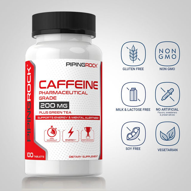 Caffeine Pills 200Mg | 100 Tablets | Pre Workout Supplement | with Green Tea | by Piping Rock