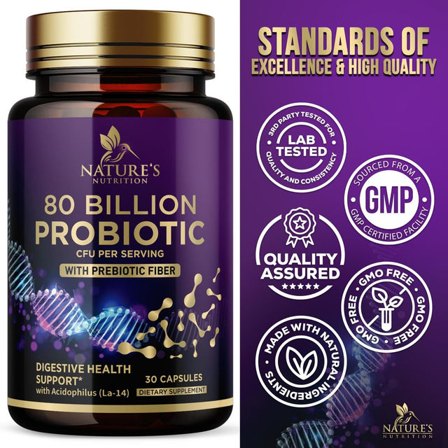 Nature'S Probiotics 80 Billion CFU + Prebiotics, Acidophilus Probiotic Supports Immune System & Digestive Health, Supports Occasional Constipation, Supplement for Women Feminine Health - 30 Capsules