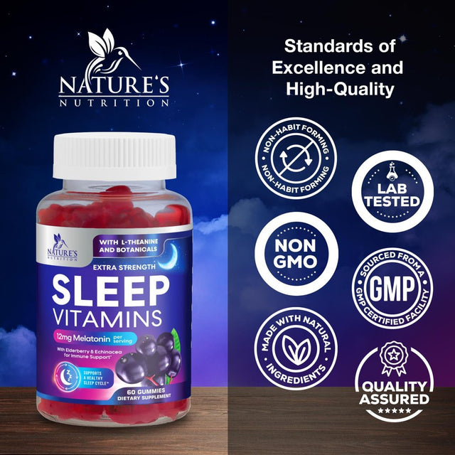 Sleep Vitamins - Fast Acting with 12Mg Melatonin - Best Non-Habit Forming Sleep Support Gummy Supplement - Includes Vitamins B6, C, D3, L-Theanine, Melatonin, Chamomile, & Zinc - 60 Gummies