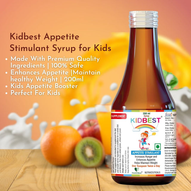 Kidbest Appetite Stimulant Syrup for 3-13 Yrs Kids | Increase Hunger | Helps Maintain Weight | Gluten Free | L-Lysine Hci,Vitamins B1,B2,B6,B12 | 200 Ml