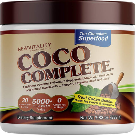 Coco Complete by New Vitality Immune System and Metabolism Boosting Superfood Powder Supplement, Energy Support, Sugar Free, Real Cocoa Powder & Green Tea Extract, Chocolate Flavor, 30 Servings