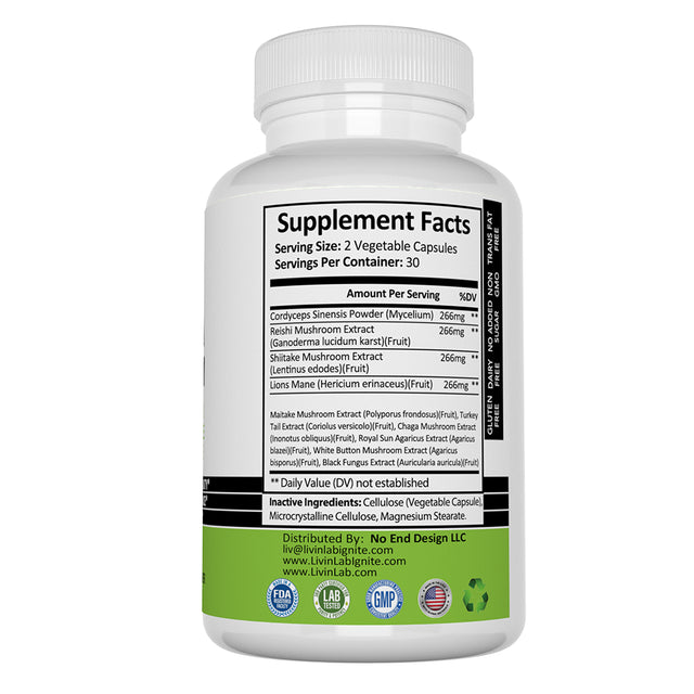 Livin Lab Revita Shroom | Superfood Promoting Health and Wellbeing | Increase Endurance | Improves Brain Memory and Concentration | 60 Veggies Caps | US Made