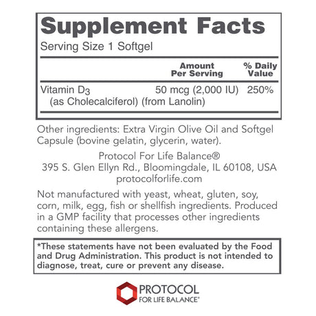 Protocol for Life Balance Vitamin D3 2,000 IU - 120 Softgels