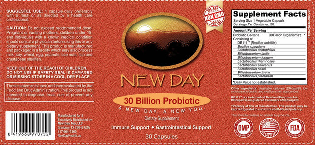 New Day 30 Billion Probiotic, Time Release, 30 Vegetable Cap, 30 Servings, NON-GMO, Gastrointestinal Support