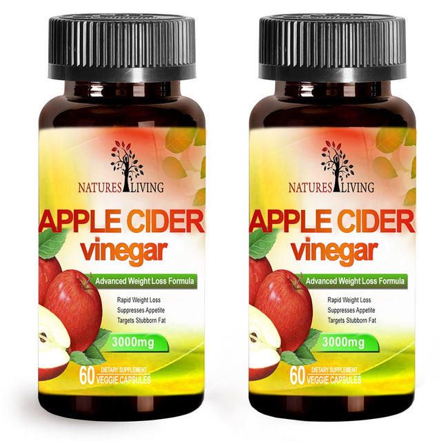 Natures Living Apple Cider Vinegar 3000Mg 120 Pills Herbal Organic Supplements (Pack of 2)