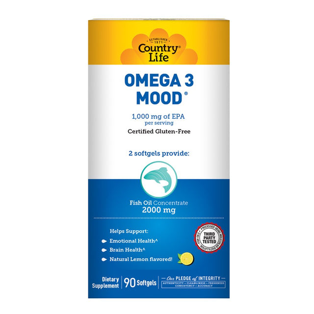 Country Life Omega 3 Mood, 2000Mg Fish Oil with EPA & DHA, 90 Softgels, Certified Gluten Free