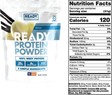 Ready Protein Powder, 25G of Whey Protein, 0G Add Sugar, 6 Simple Ingredients, Vanilla, 1 Pound Bag