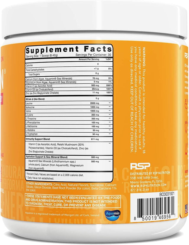 RSP Aminolean Recovery - Post Workout Bcaas Amino Acids Supplement + Electrolytes, Bcaas and Eaas for Hydration Boost, Immunity Support - Muscle Recovery Drink, Vegan Aminos, Blood Orange…