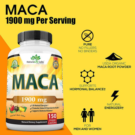 Organic Maca Root Black, Red, Yellow 1900 MG per Serving - 150 Vegan Capsules Peruvian Maca Root Gelatinized 100% Pure Non-Gmo Supports Reproductive Health Natural Energizer