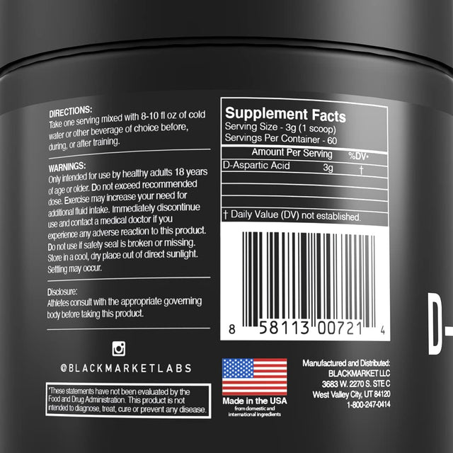 BLACKMARKET RAW D-Aspartic Acid - Workout Powder Drink Mix for Men, Increase Natural Testosterone Supply, Build Muscle, Improve Recovery & Strength, 180 Grams