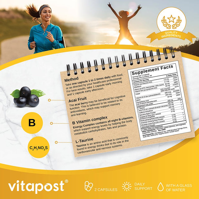 Vitapost Energy Complex Supplement with B-Vitamins, Caffeine - 60 Capsules