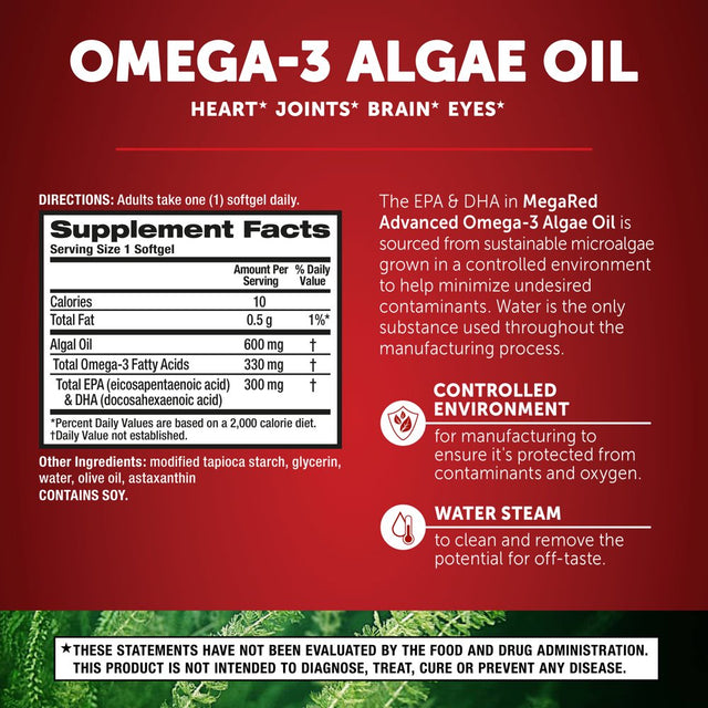 Megared Advanced Omega-3 Algae Oil Softgels (50 Count), Omega-3’S for Heart, Joints, Brain & Eye Health*