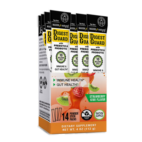 Mason Natural Digest Guard Prebiotic + Probiotic - for a Healthy Gut, Improved Digestive and Immune Function, Nutritious Hydration, Strawberry Kiwi Drink Mix, 14 Quick Dissolve Stick Packs