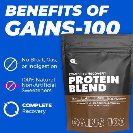 Gains 100 Pre-Digested Protein Recovery Formula, Whey Protein, Chocolate Malt, Balanced Macronutrient Formula with 100% RDA Vitamins & Minerals from Whole Foods 4.96 Lbs