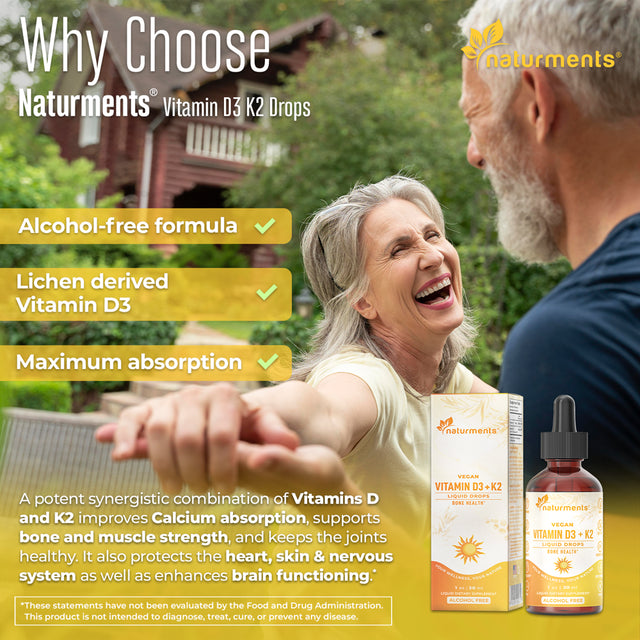 Naturments Vitamin D3 with K2 Liquid Drops (As Lichen) +K2 Complex : for Bone and Heart Health Formula Immune Support and Energy - Faster Absorption Non-Gmo, Vegan Alcohol-Free, Sugar-Free 1 Fl Oz