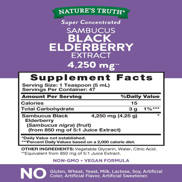 Nature'S Truth Black Elderberry Extract 4250Mg | 8 Oz Syrup | Super Concentrated Sambucus Supplement | Vegan, Non-Gmo, Gluten Free