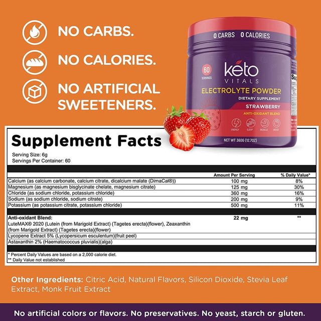 Keto Vitals Keto Electrolytes Powder with Antioxidants for Hydration, Sleep, Energy, Muscle Function Strawberry 10 Oz