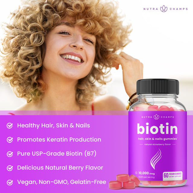 Nutrachamps Biotin Gummies 10000Mcg [Highest Potency] for Healthy Hair, Skin & Nails Vitamins for Women, Men & Kids - 5000Mcg in Each Hair Vitamins Gummy - Vegan, Non-Gmo, Hair Health Supplement