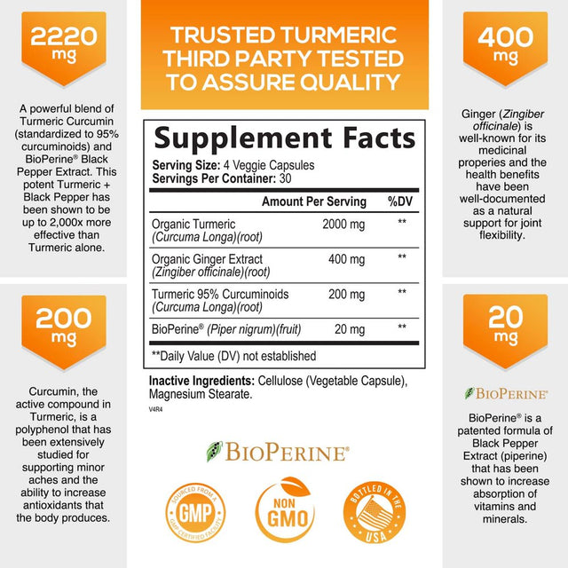 Turmeric Curcumin with Bioperine & Ginger 95% Standardized Curcuminoids 2600Mg - Black Pepper for Max Absorption, Herbal Joint Support, Nature'S Tumeric Extract Supplement Non-Gmo - 120 Capsules