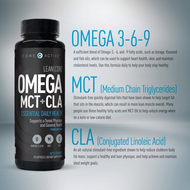 LEAN CORE OMEGA MCT + CLA - Stimulant Free Health & Wellness Formula, Lean Muscle & Toned Physique, Omega 3-6-9 Fatty Acids - Flaxseed Fish Oil- Coconut Oil- Keto Friendly 30 Day Supply (90 Softgels)