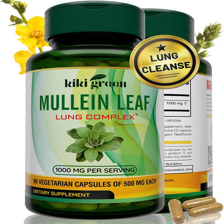 KIKI Green Mullein Leaf Herb Capsules -1000 Mg Herbal Lung Cleanse, Respiratory and Lung Health, Lung Detox for Smokers, Mullein Tea Bags for Lungs | 90 Vegan Pills