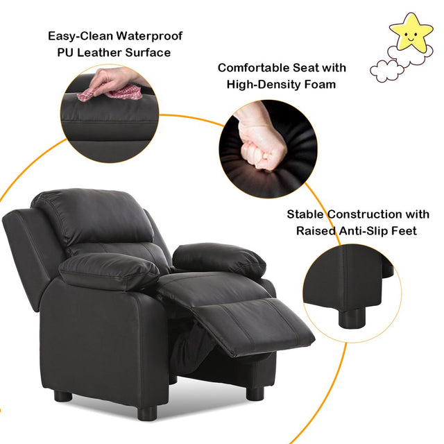 Deluxe Padded Kids Sofa Armchair Recliner Headrest Children W/ Storage Arm Black