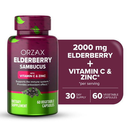 ORZAX Elderberry Capsules - Immune Support Supplement with Elderberry Vitamin C and Zinc - Antioxidants Supplement for Woman and Man (60 Vegetable Capsules)