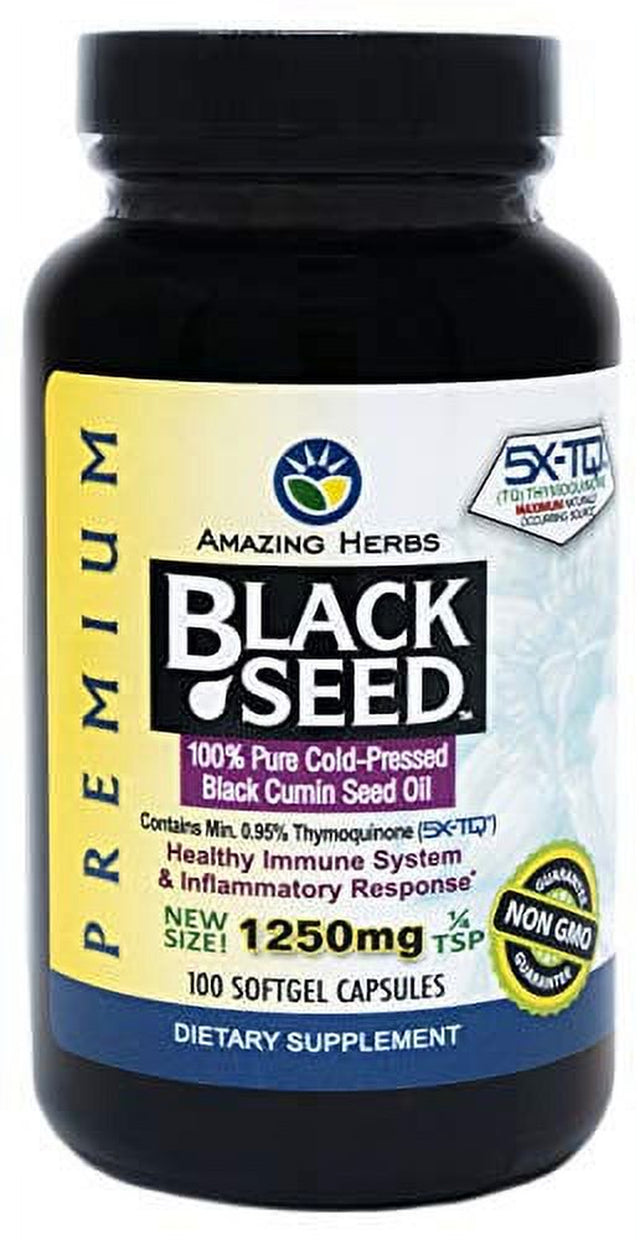 Amazing Herbs Premium Black Seed Oil 1250Mg, 100 Softgels - Cold-Pressed, Unrefined