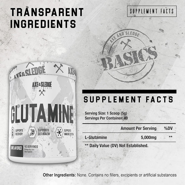 Axe & Sledge Supplements Glutamine Basics Powder, Supports Recovery, Gut Health, and Immune System, Unflavored, Contains No Artificial Substances, Fillers, or Excipients, 40 Servings