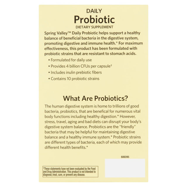 Spring Valley Daily Probiotic Dietary Supplement Vegetarian Capsules for Digestive Health, 30 Count