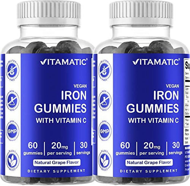 Vitamatic Iron Gummies Supplement for Women & Men - 20Mg Serving - 60 Vegan Gummies - Great Tasting Iron Gummy Vitamins with Vitamin C (60 Count (Pack of 2))